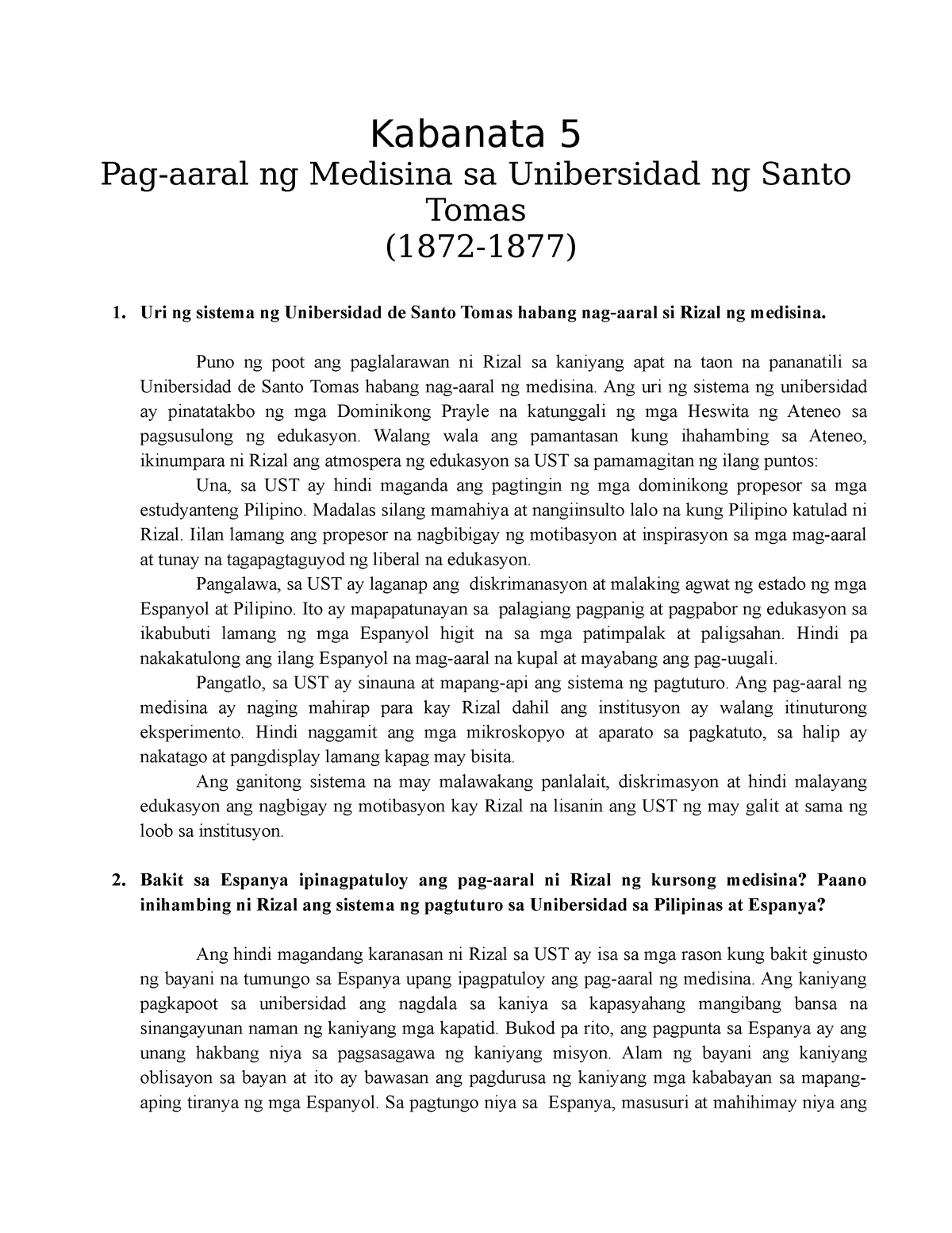 B - Gawain Sa Rizal - Kabanata 5 Pag-aaral Ng Medisina Sa Unibersidad ...