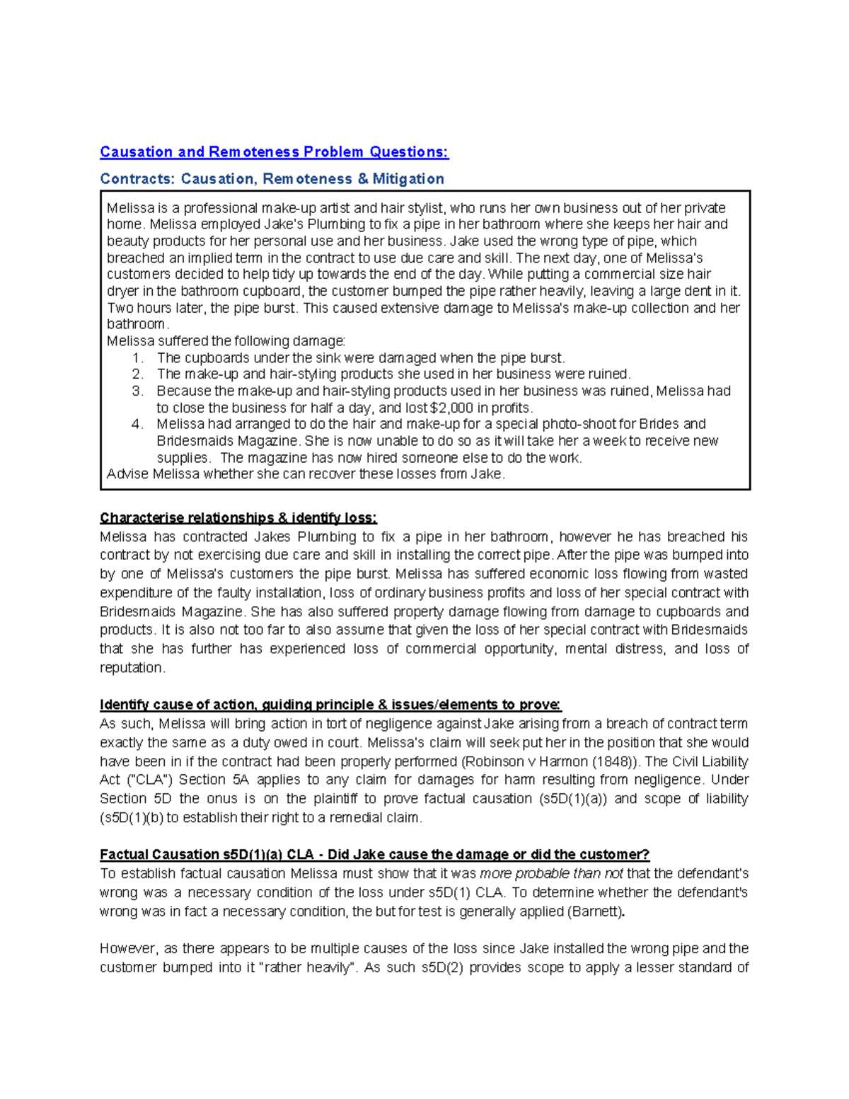 Answer For Remedies Week 1 Remoteness And Causation Uts Studocu