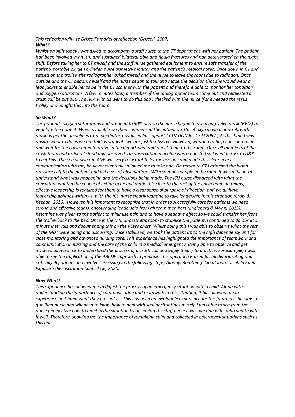 nursing reflective essay using driscoll model