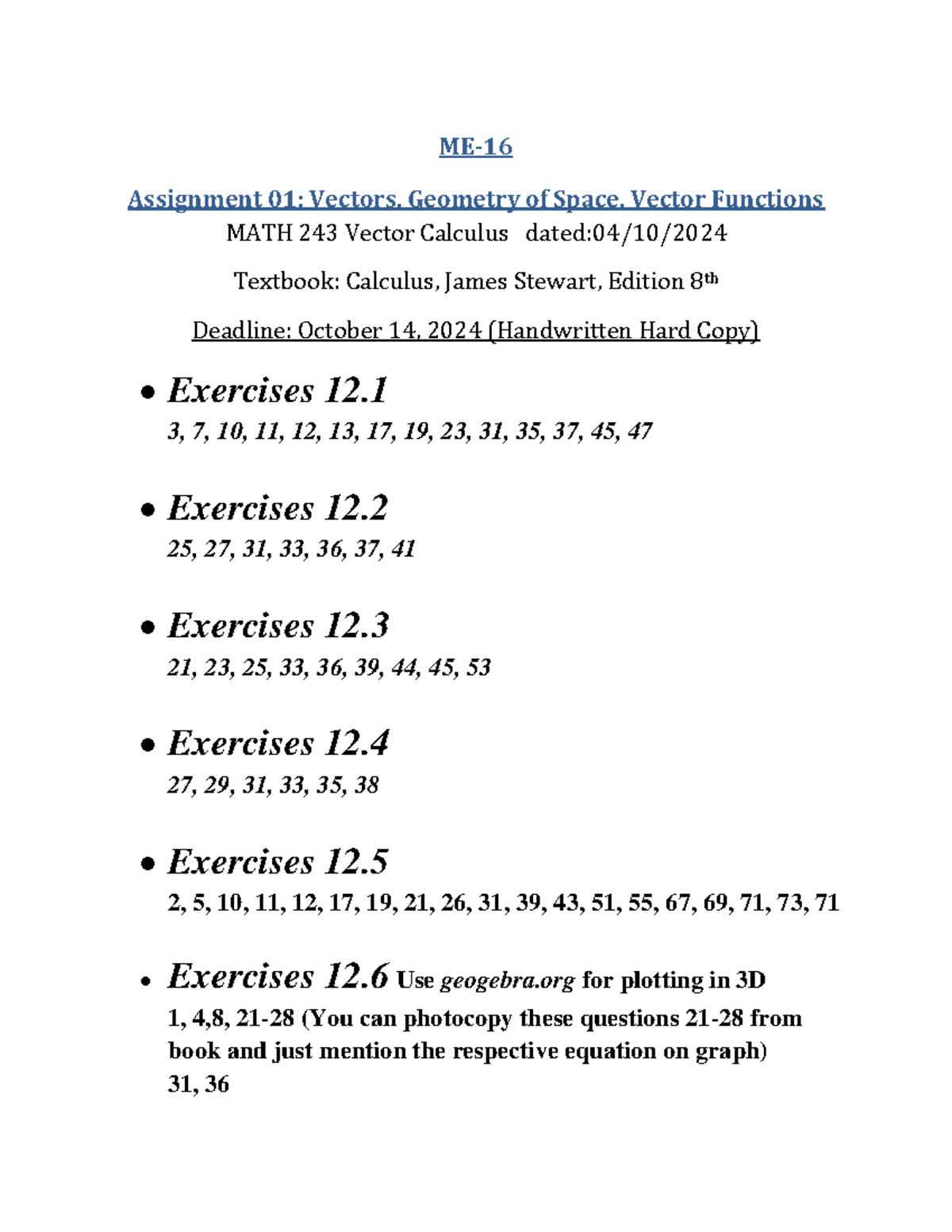 Math-243 Assignment 01 ME-16 - ME- 16 Assignment 01: Vectors, Geometry ...