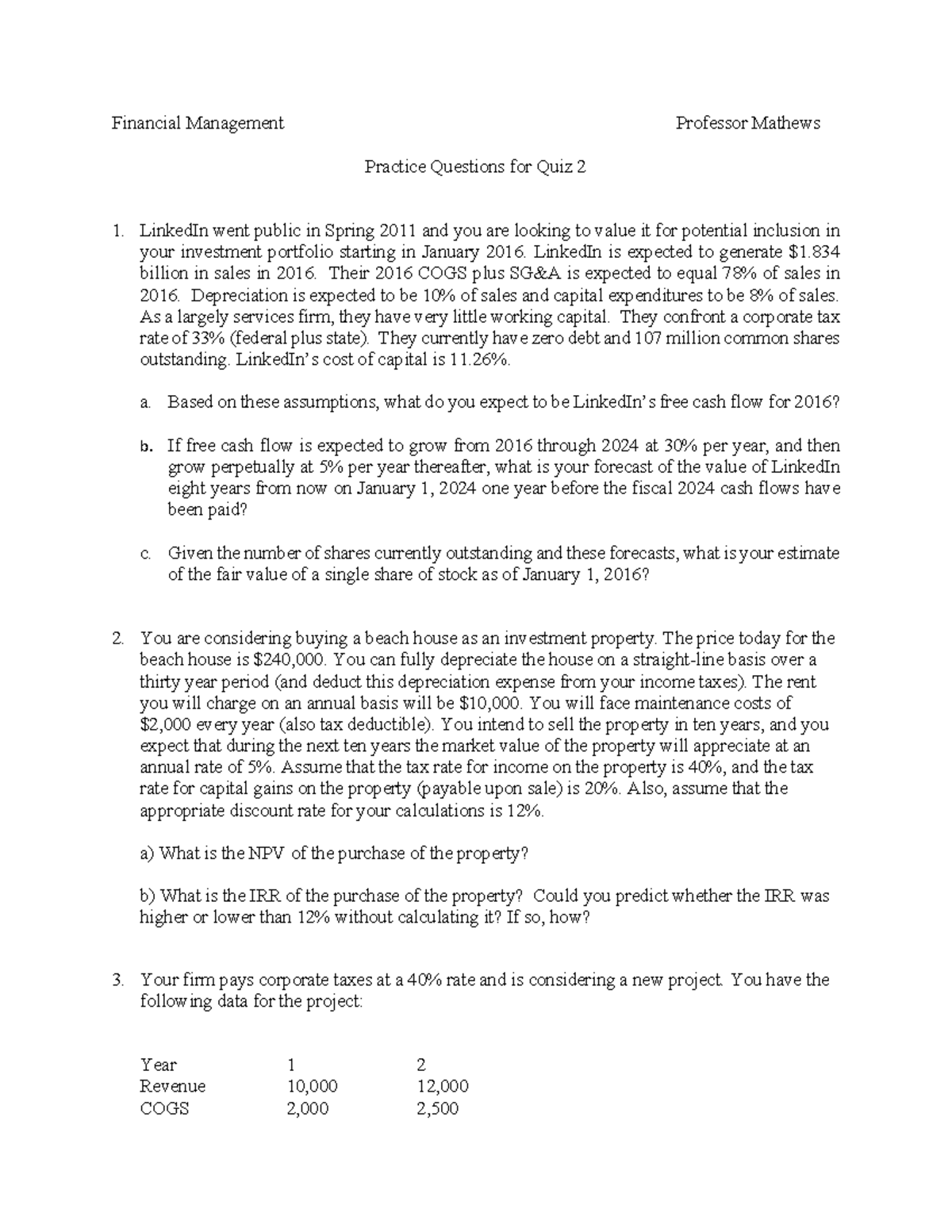 Practice Questions for Quiz 2 - Financial Management Professor Mathews ...
