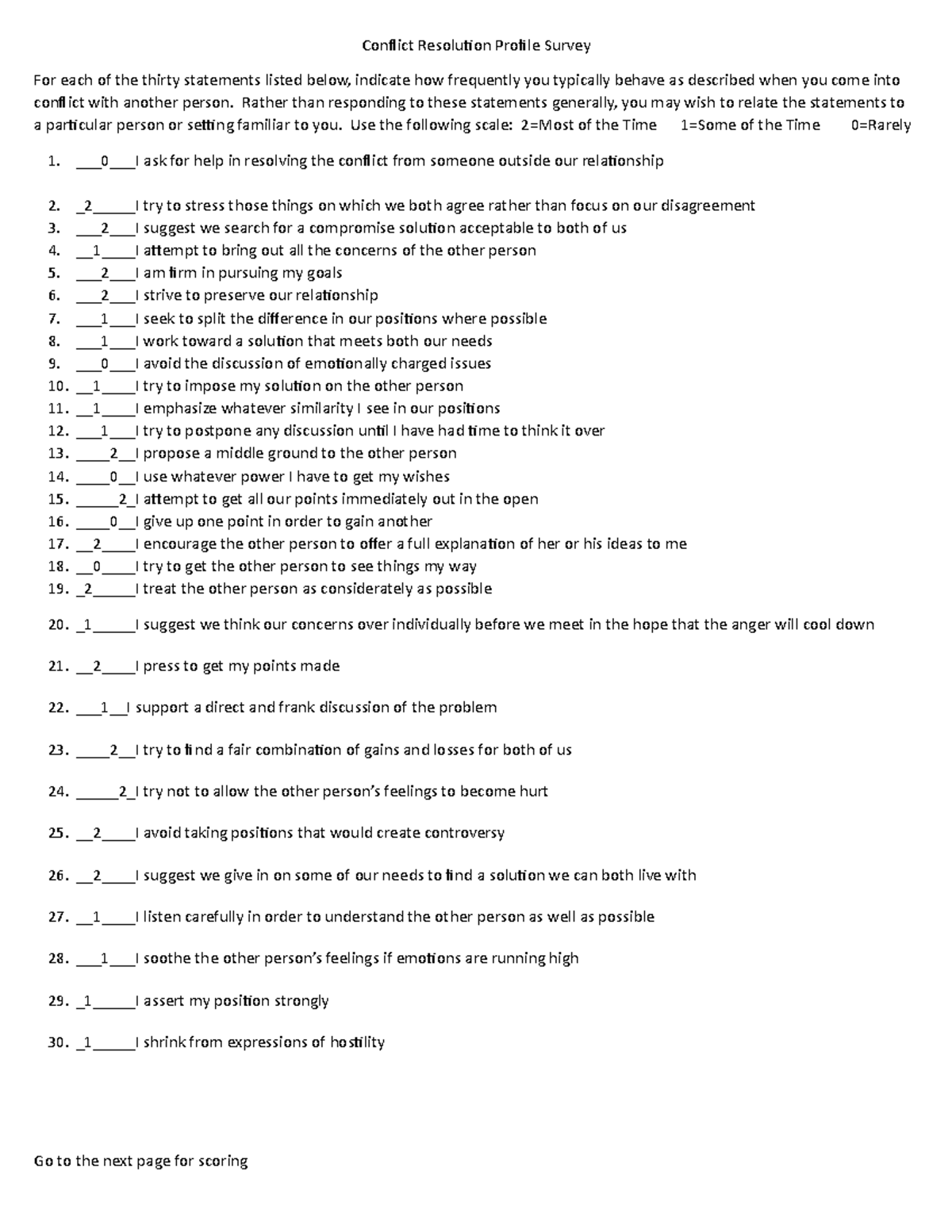 Conflict Resolution Profile Survey (1) 11 - Conflict Resolution Profile ...