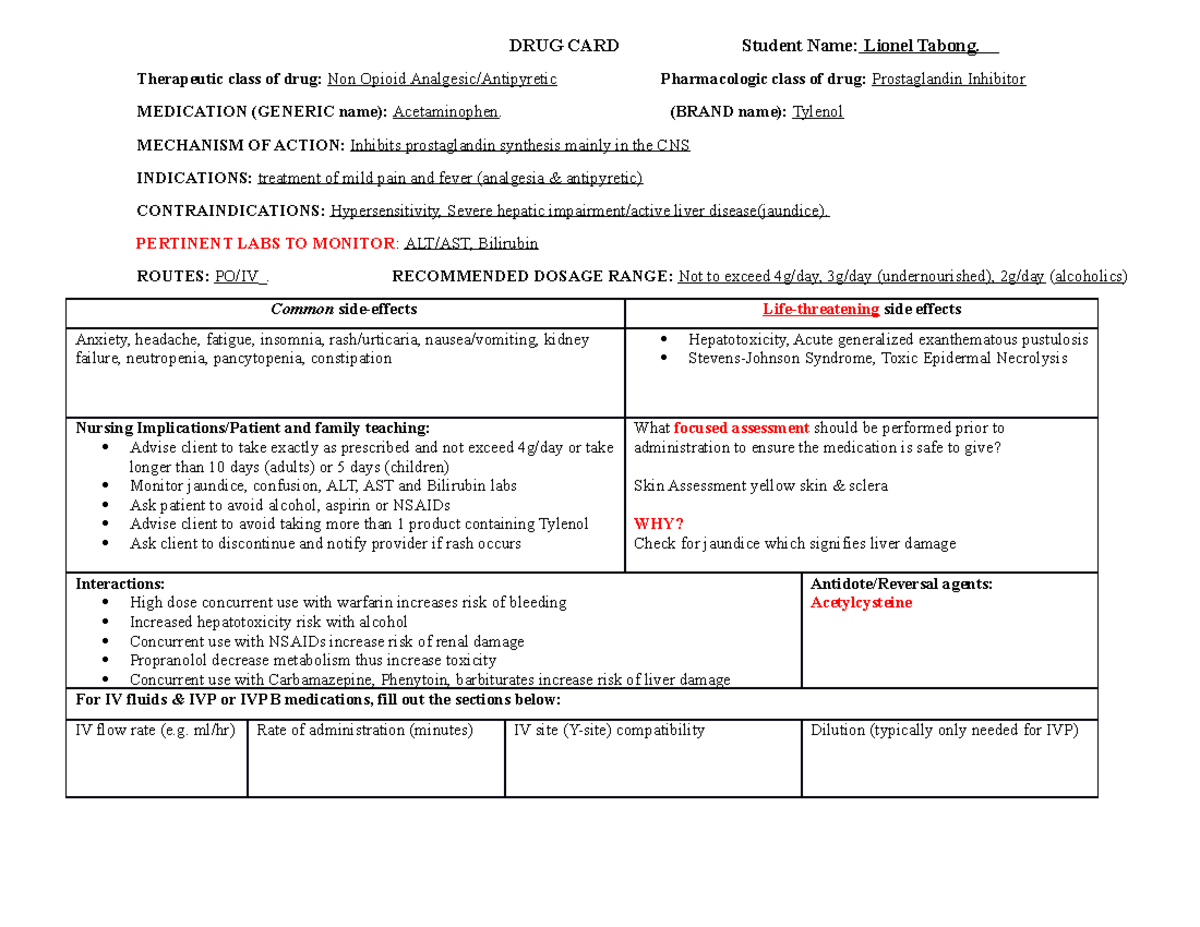 Acetaminophen Drug Card DRUG CARD Student Name Lionel Tabong
