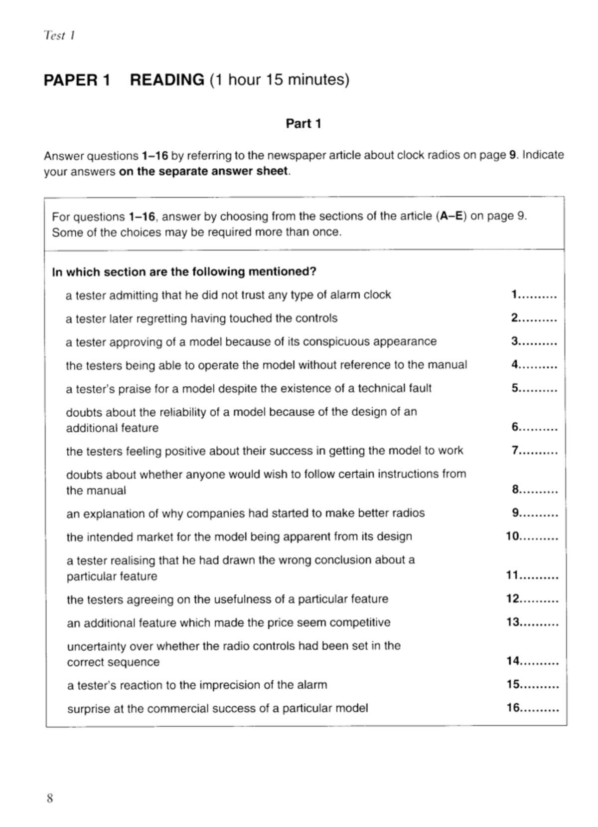 Reading CAE Teaching the Language System. Test 1 PAPER 1