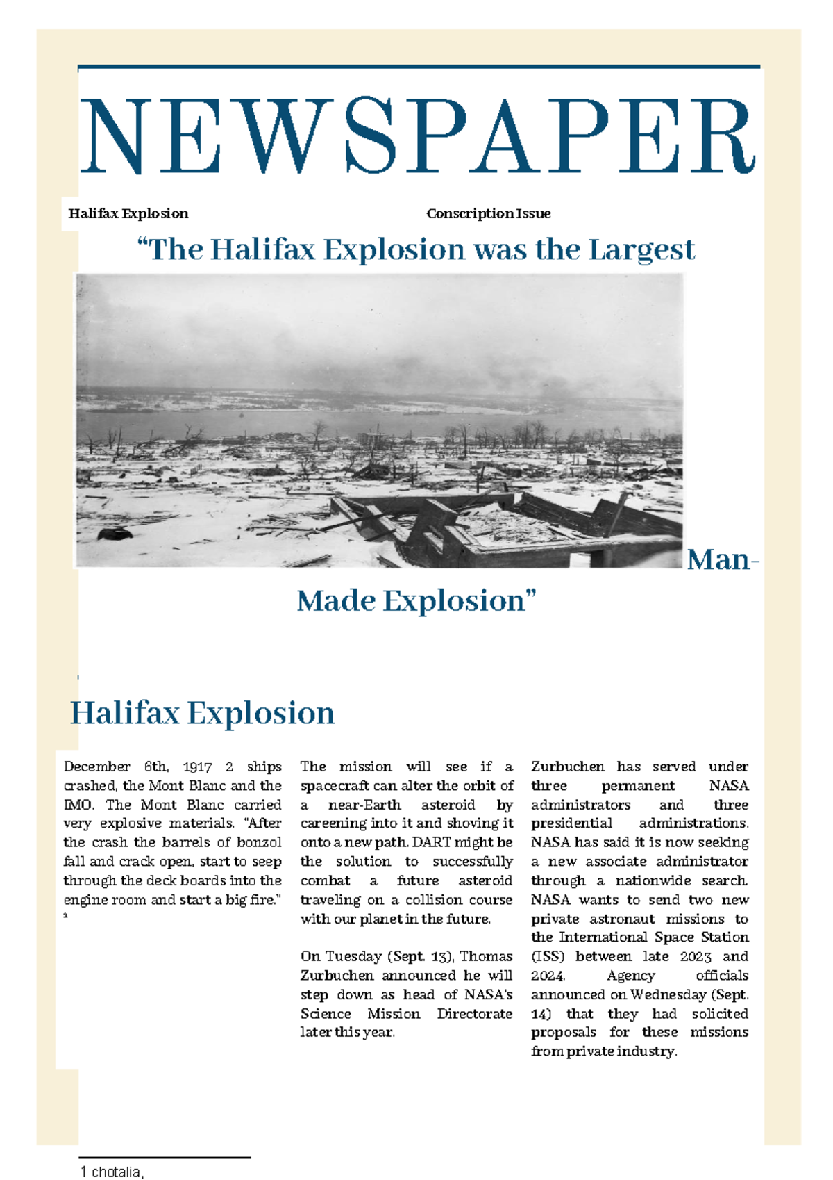 Copy of Science Newspaper NEWSPAPER Halifax Explosion Conscription