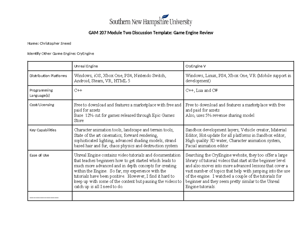 Discussion Game Engine Review - GAM 207 Module Two Discussion Template ...