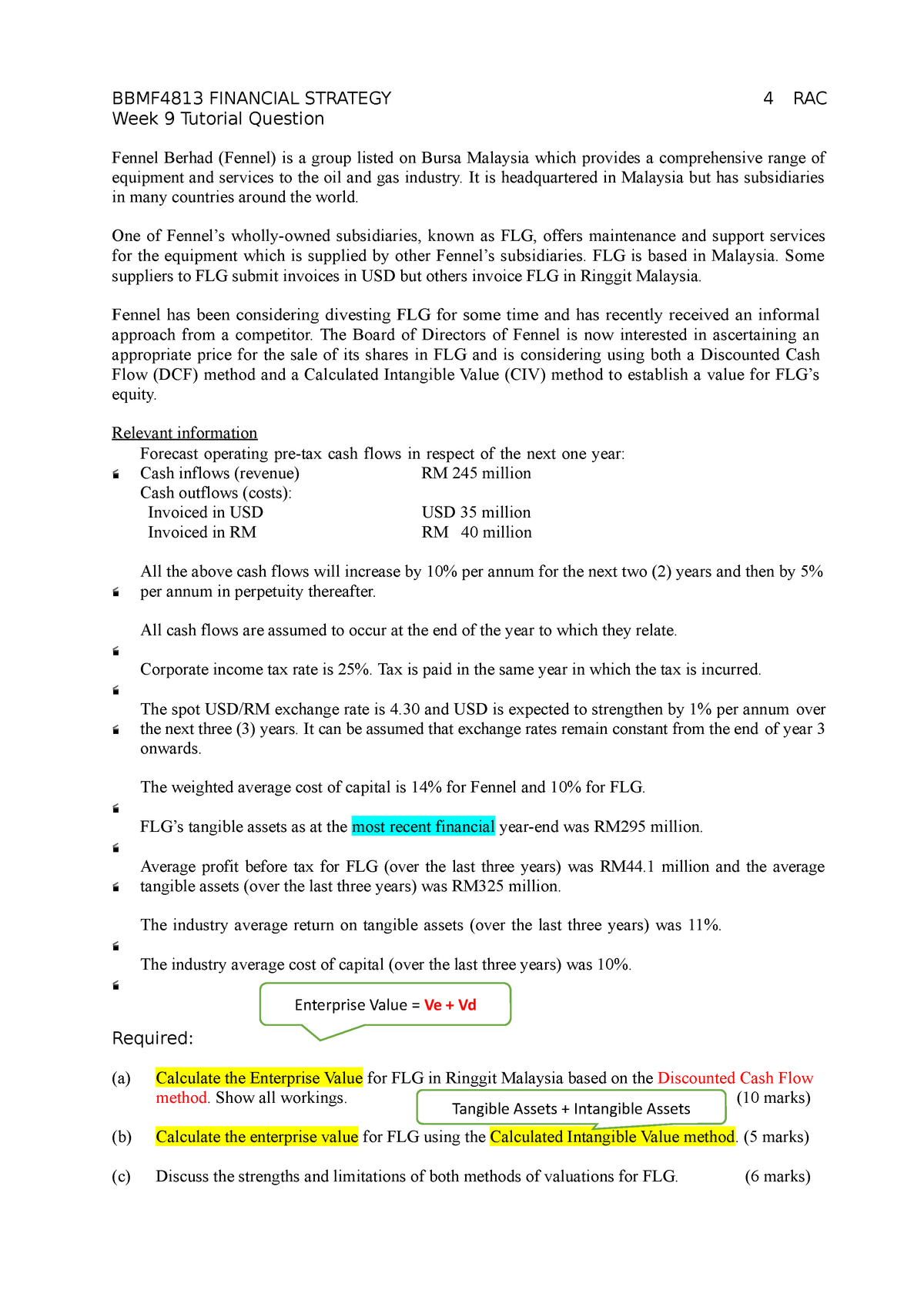 Week 9 FS Tutorial - BBMF4813 FINANCIAL STRATEGY Week 9 Tutorial 