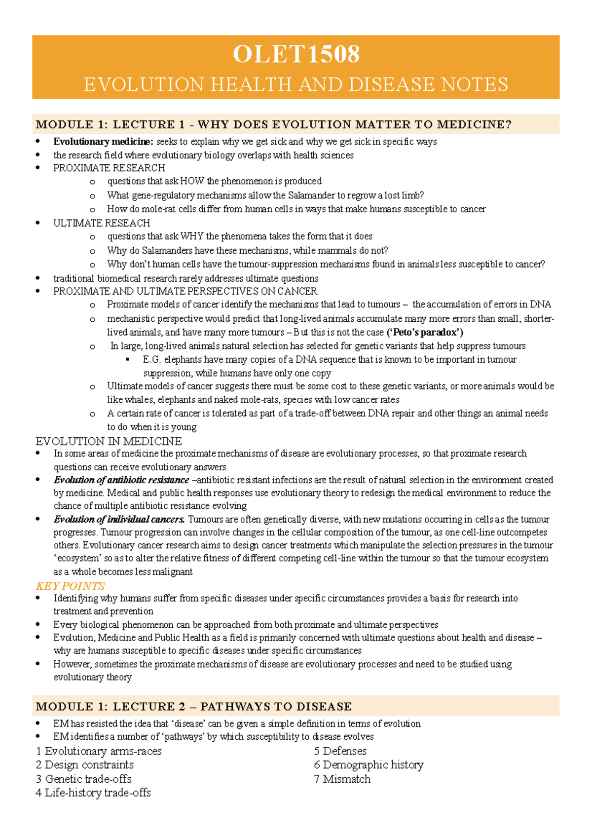 OLET1508- Evolution Notes - OLET EVOLUTION HEALTH AND DISEASE NOTES ...