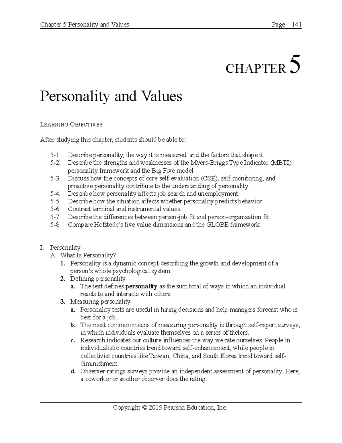 Notes For Chapter 5 - CHAPTER 5 Personality And Values LEARNING ...