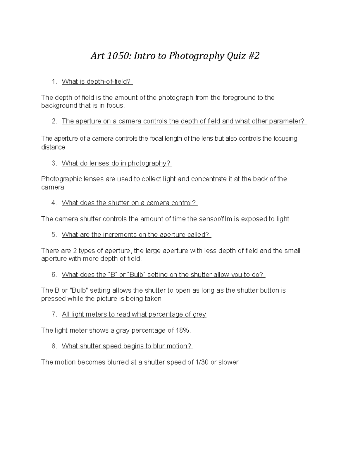 QUIZ 2 about depthoffield Art 1050 Intro to Photography Quiz