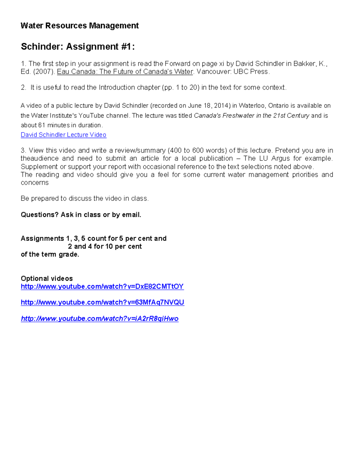 Seminar assignments 1 to 3 - Water Resources Management Schinder ...