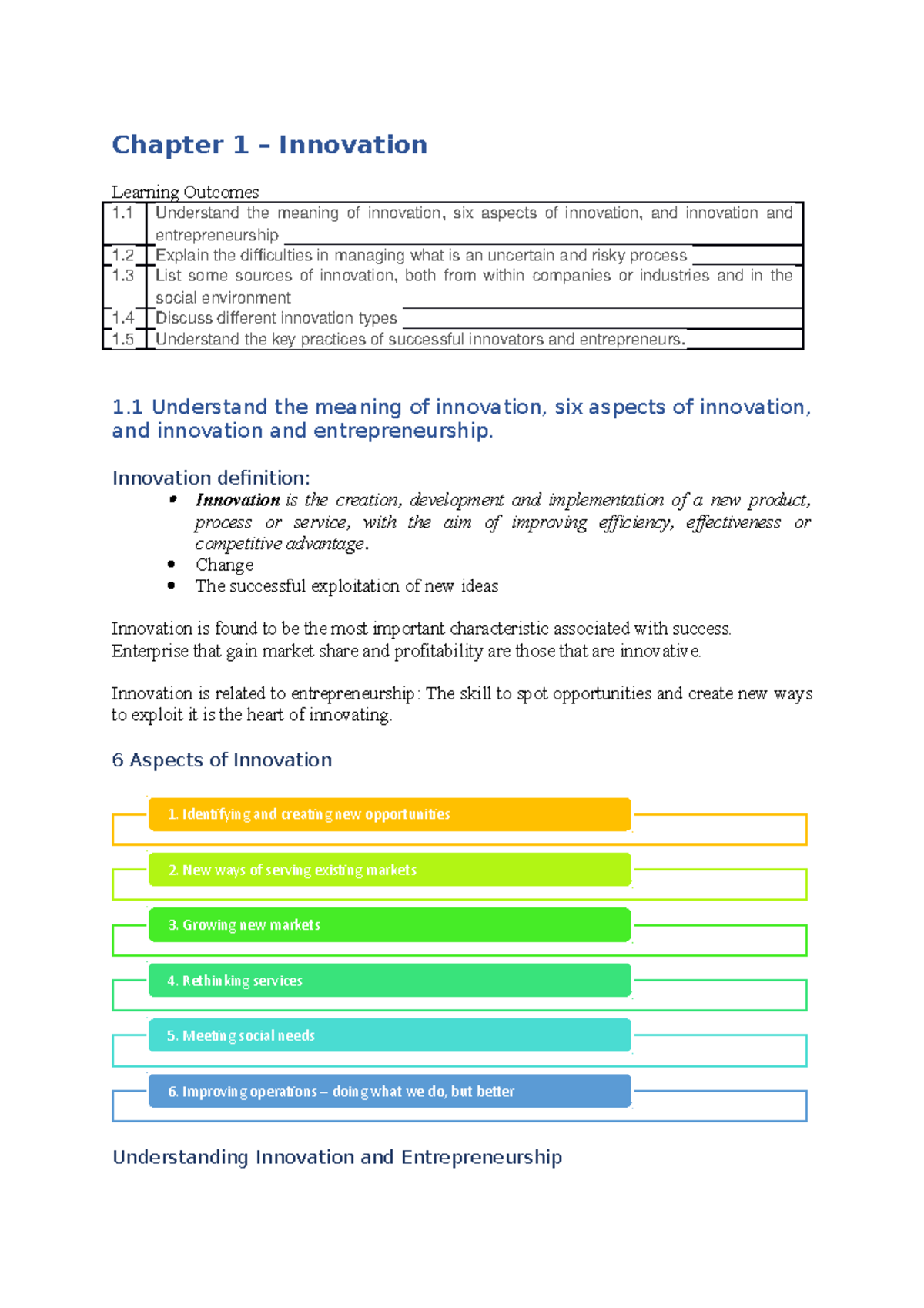 Exam notes - Chapter 1 – Innovation Learning Outcomes 1 Understand the ...