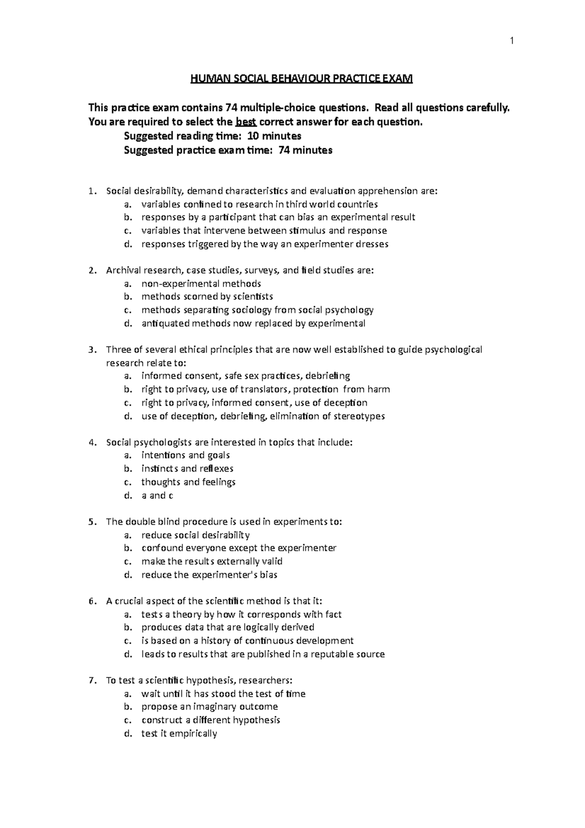 HPS204-774-practice exam - 1 HUMAN SOCIAL BEHAVIOUR PRACTICE EXAM This ...