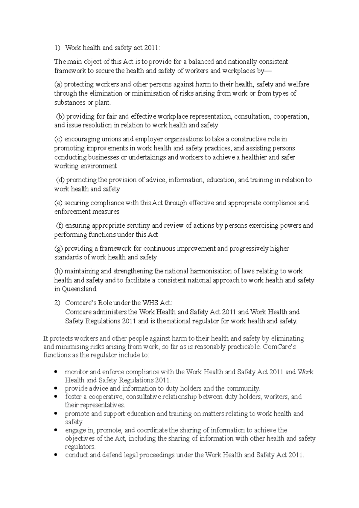 Whs questions assessment Work health and safety act 2011 The main