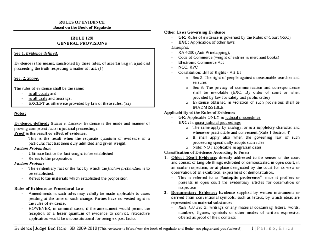127139155 Evidence Reviewer regalado pdf - RULES OF EVIDENCE Based on ...
