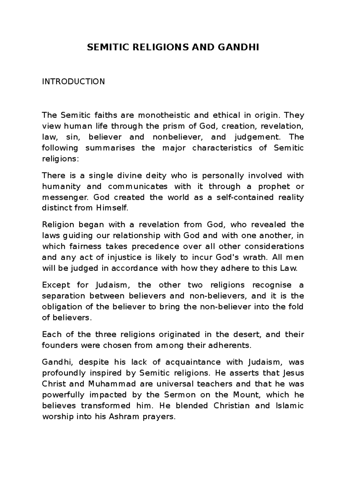Semitic Religions AND Gandhi - SEMITIC RELIGIONS AND GANDHI ...