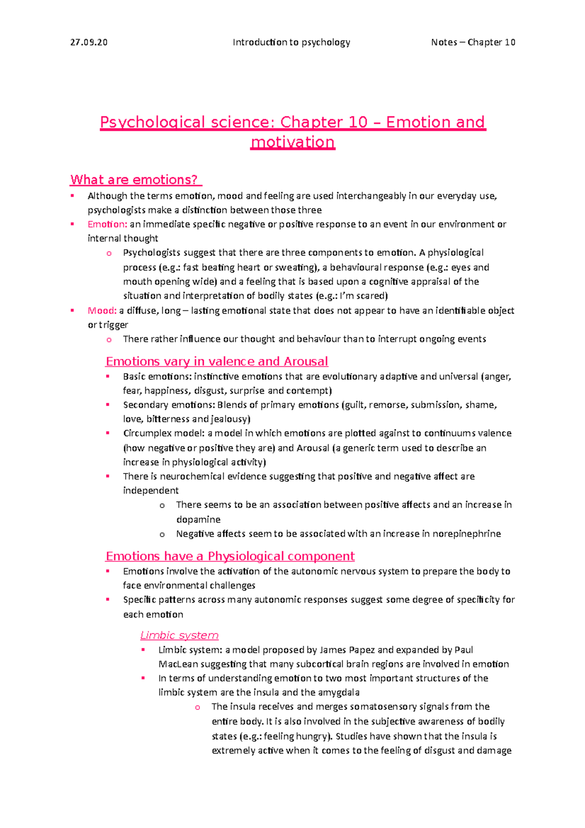 Notes Chapter 10 - Emotion And Motivation - 27.09 Introduction To ...