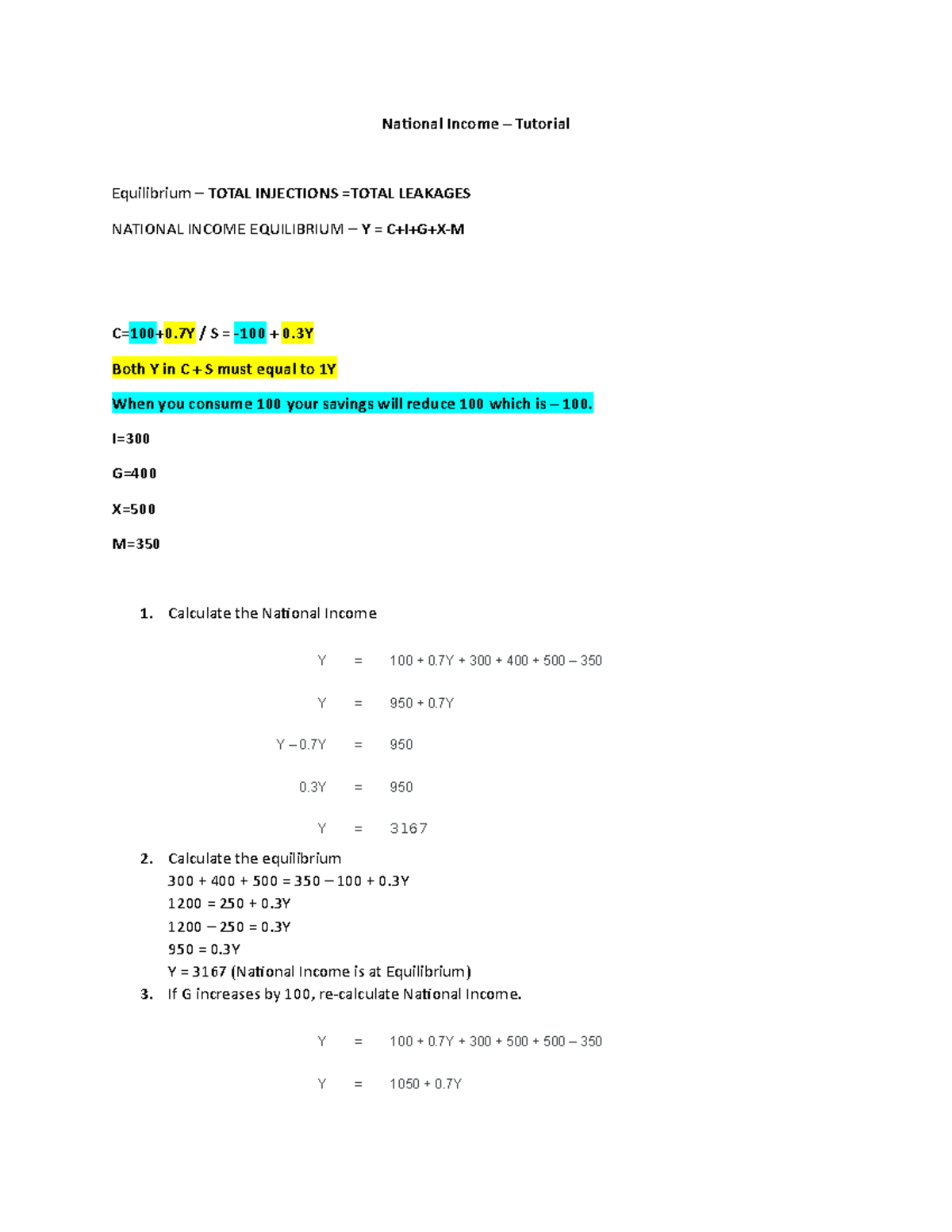 National Income calculations Becon tutorial - National Income ...