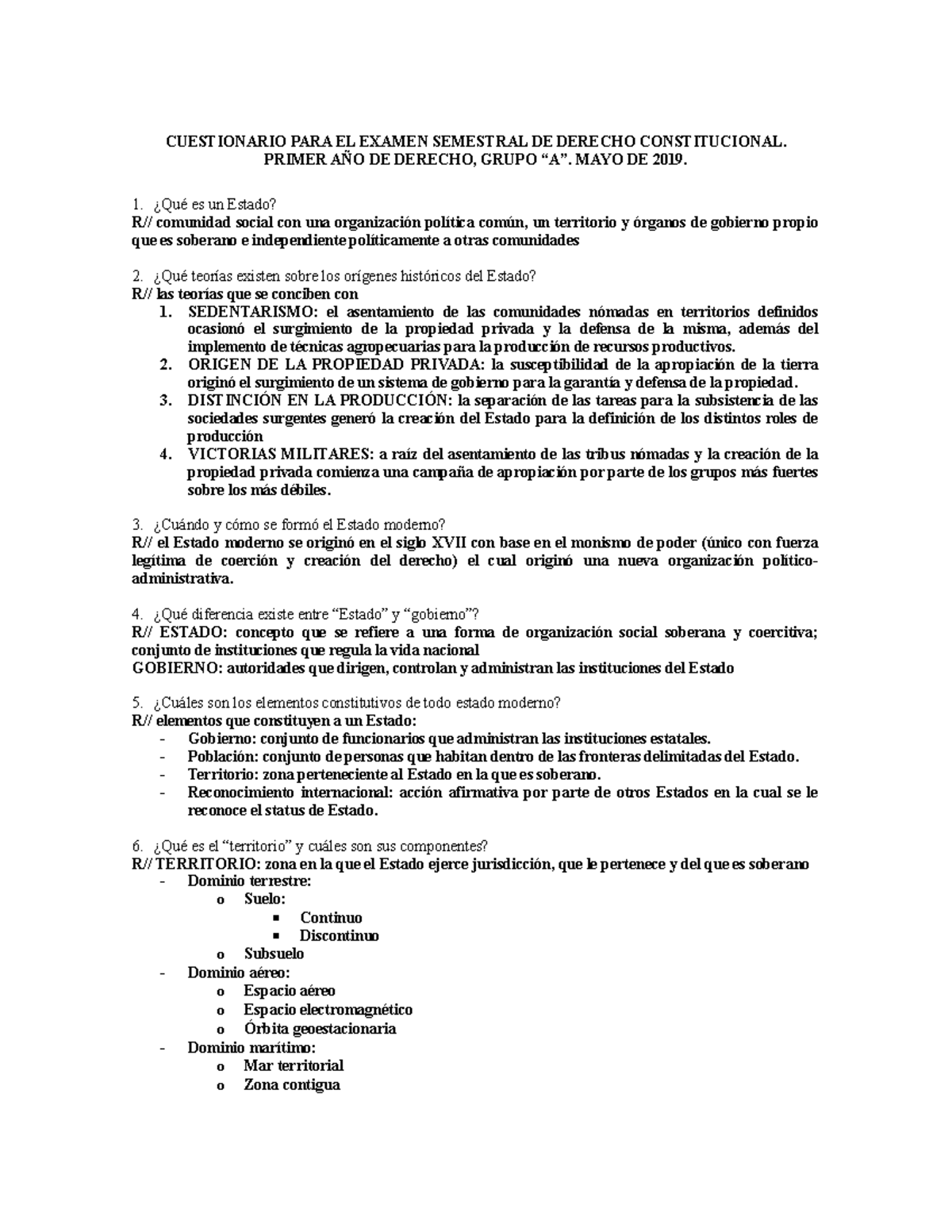 CUESTIONARIO CONSTITUCIONAL 1ER SEMESTRAL - CUESTIONARIO PARA EL EXAMEN ...