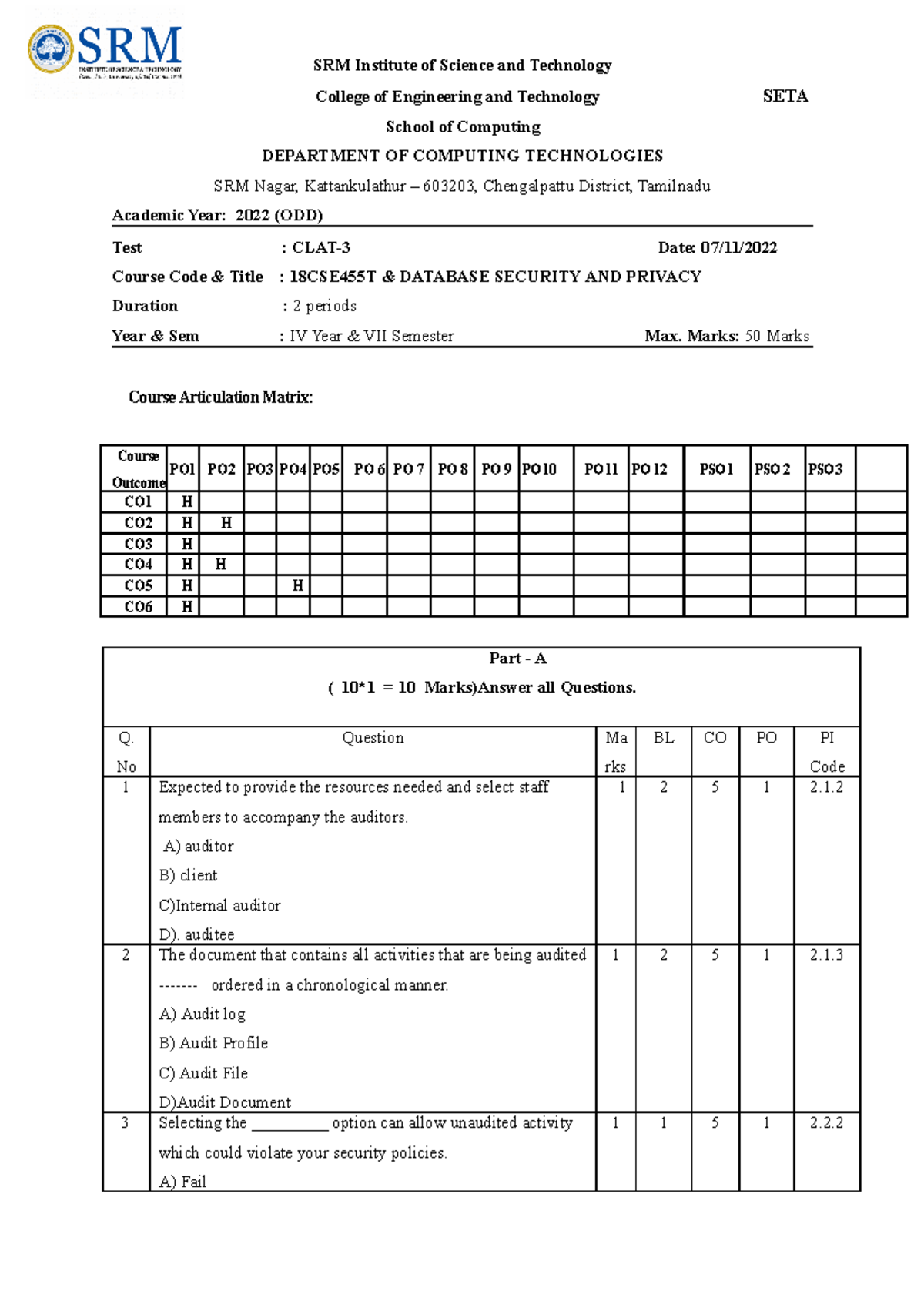 CT3 Set A - CT3 Set A - SRM Institute of Science and Technology College ...