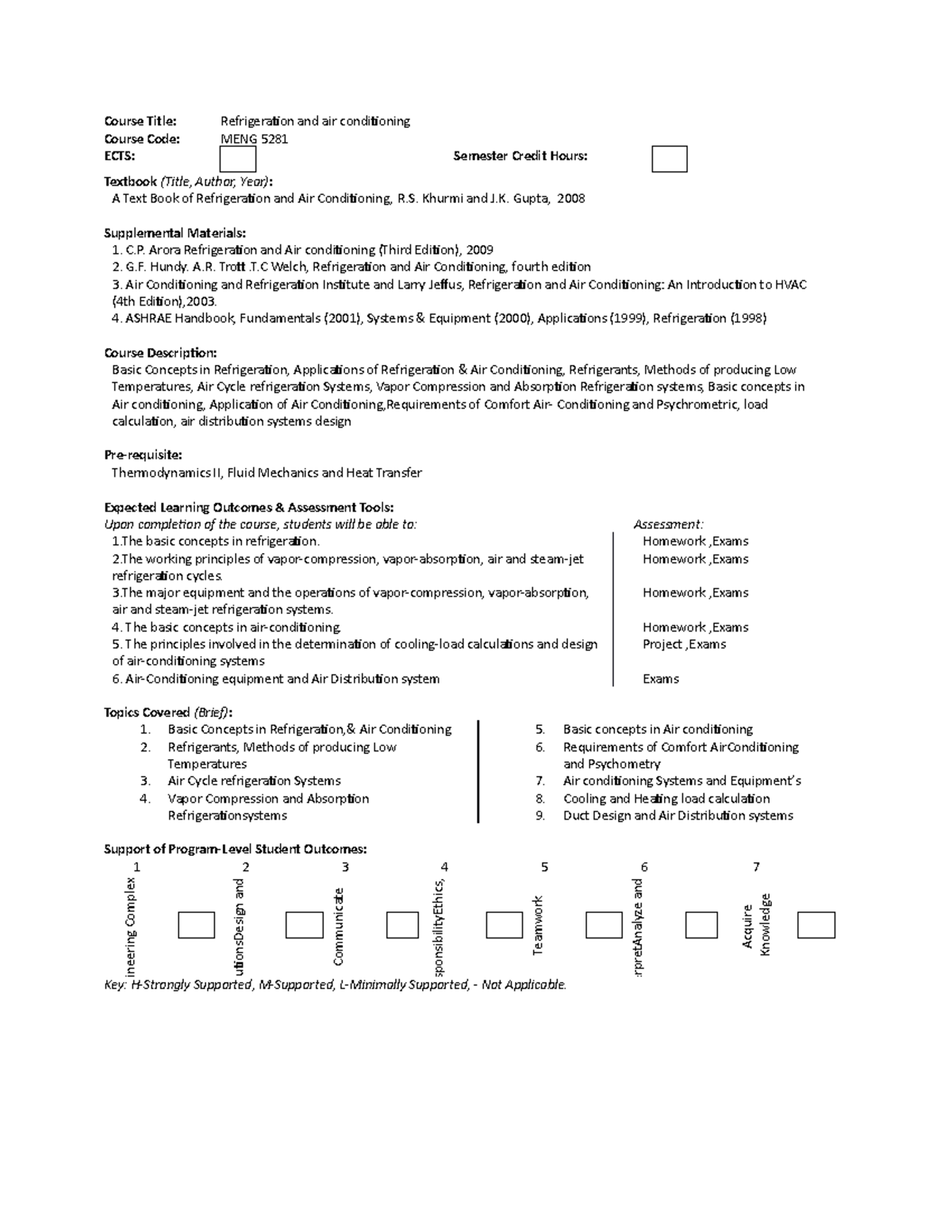 Refrigeration and Air Conditioning Syllabus Course Title