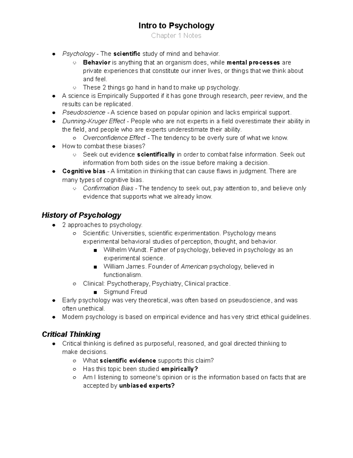 Chapter 1 Notes - Intro To Psychology Chapter 1 Notes Psychology - The ...