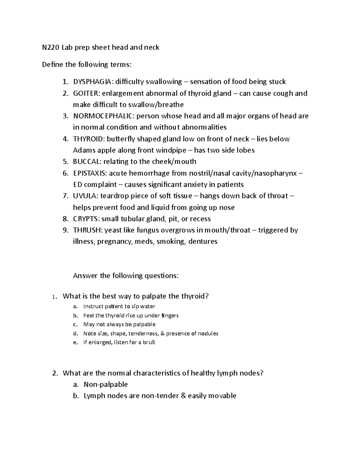 Head and neck vocab - N220 Lab prep sheet head and neck Define the ...