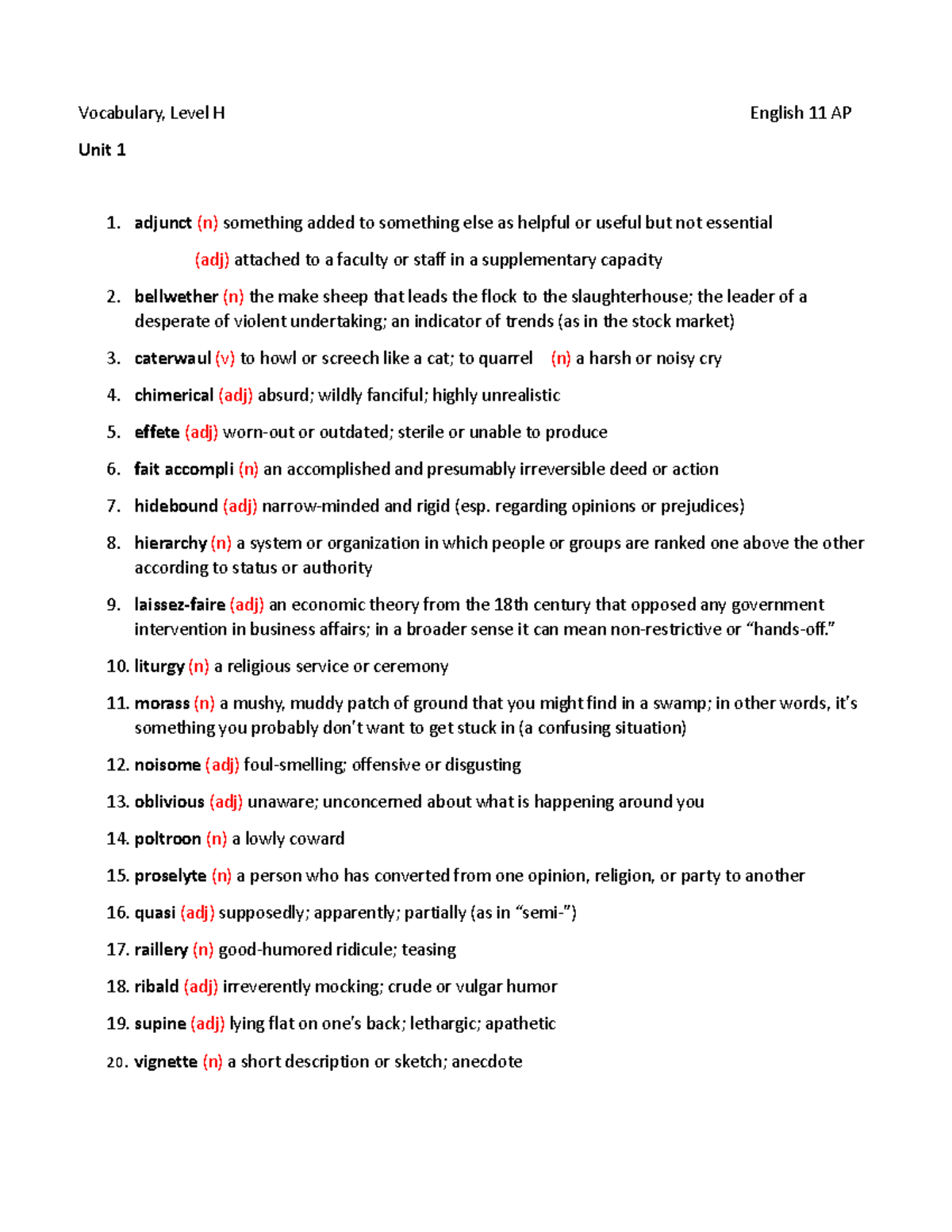 Poquis Unit 1 Vocabulary Level H Vocabulary, Level H English 11 AP