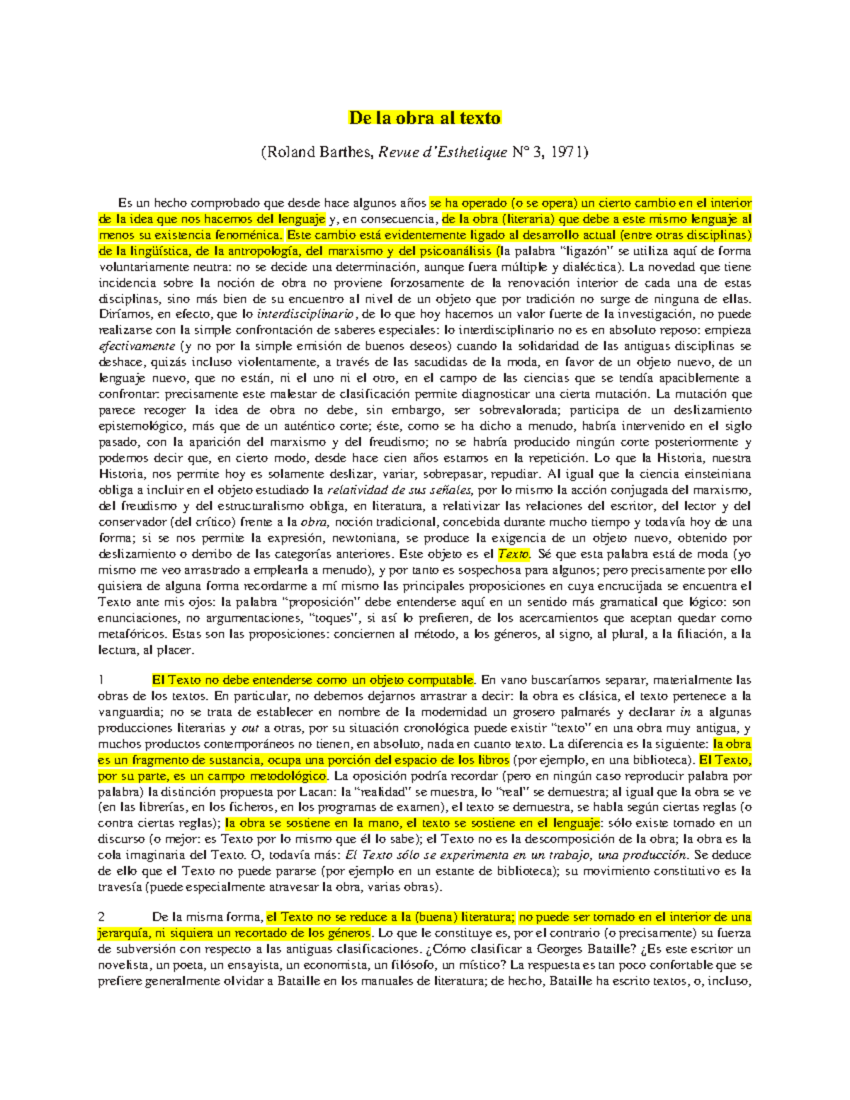 Barthes - De la obra al texto (titulo corto INCREIBLE) - De la obra al ...