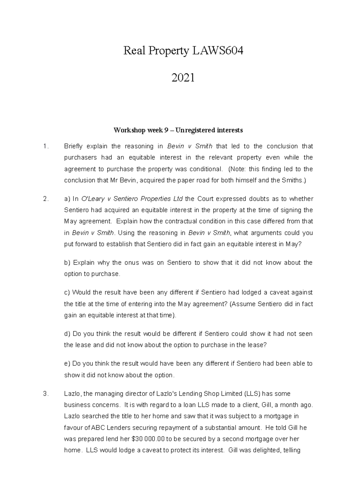 Real Property 2020 week 9 Real Property LAWS 2021