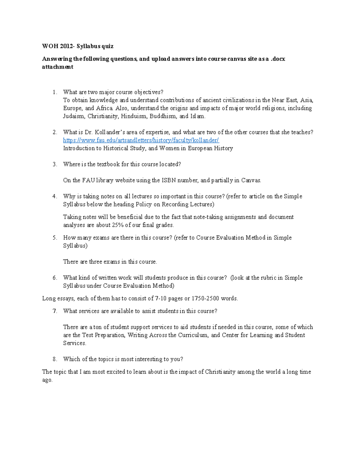 History of Civilization Syllabus Quiz - WOH 2012- Syllabus quiz ...