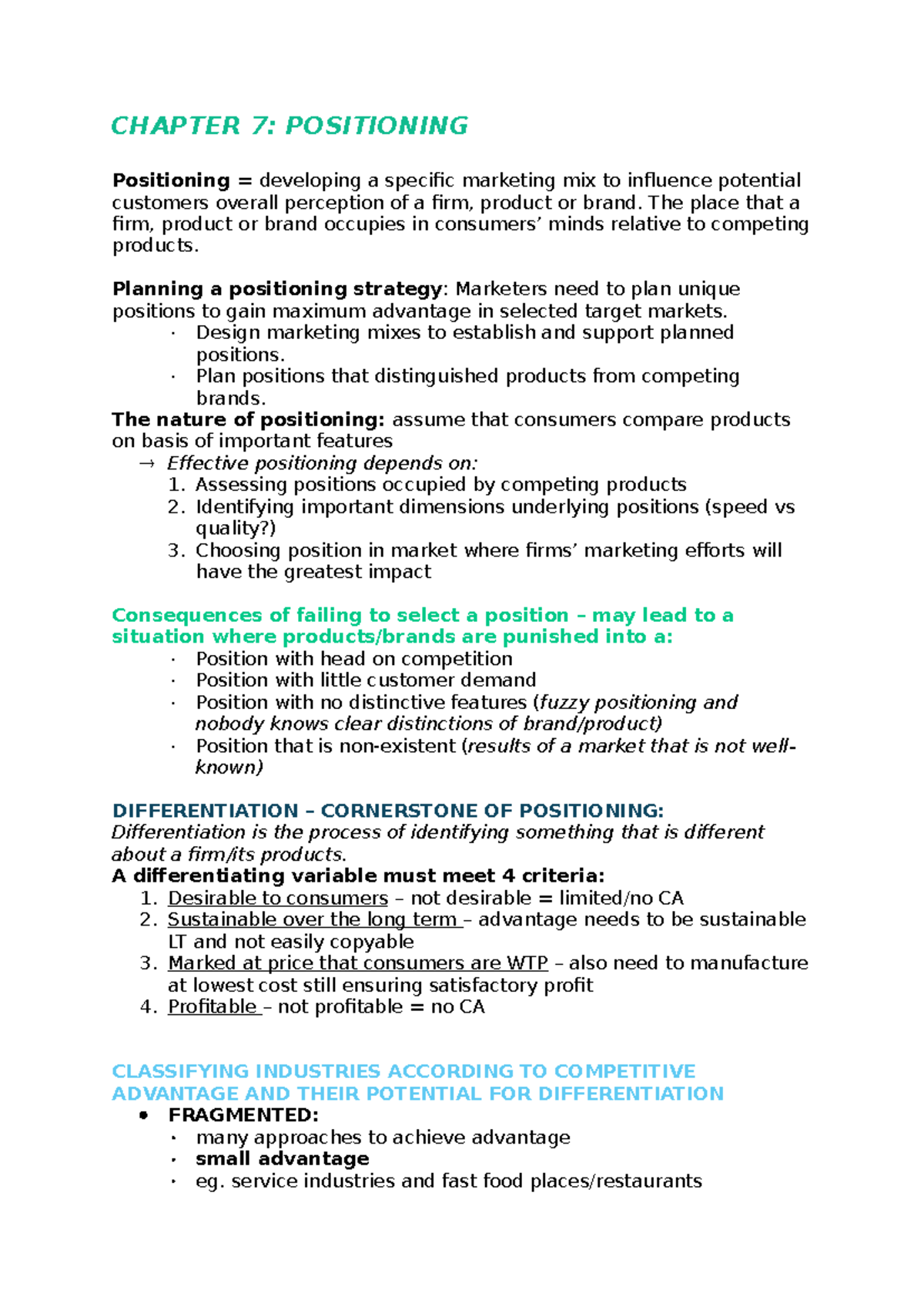 Chapter 7 - Summary Marketing - CHAPTER 7: POSITIONING Positioning ...