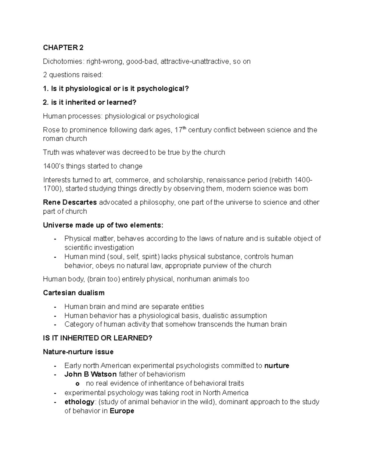 Lecture CHAP Notes Biopsych - CHAPTER 2 Dichotomies: Right-wrong, Good ...