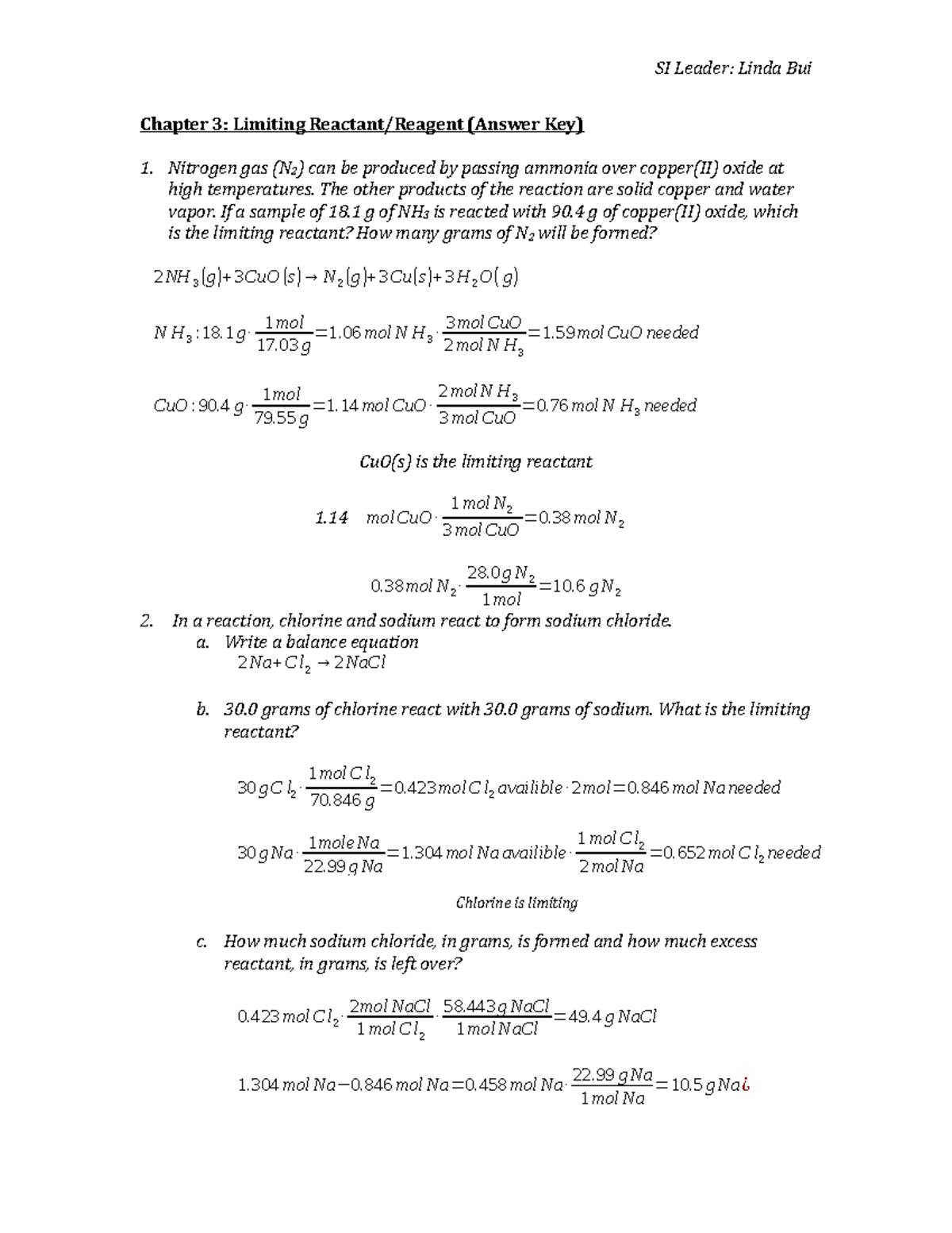 limiting reactant assignment answer key