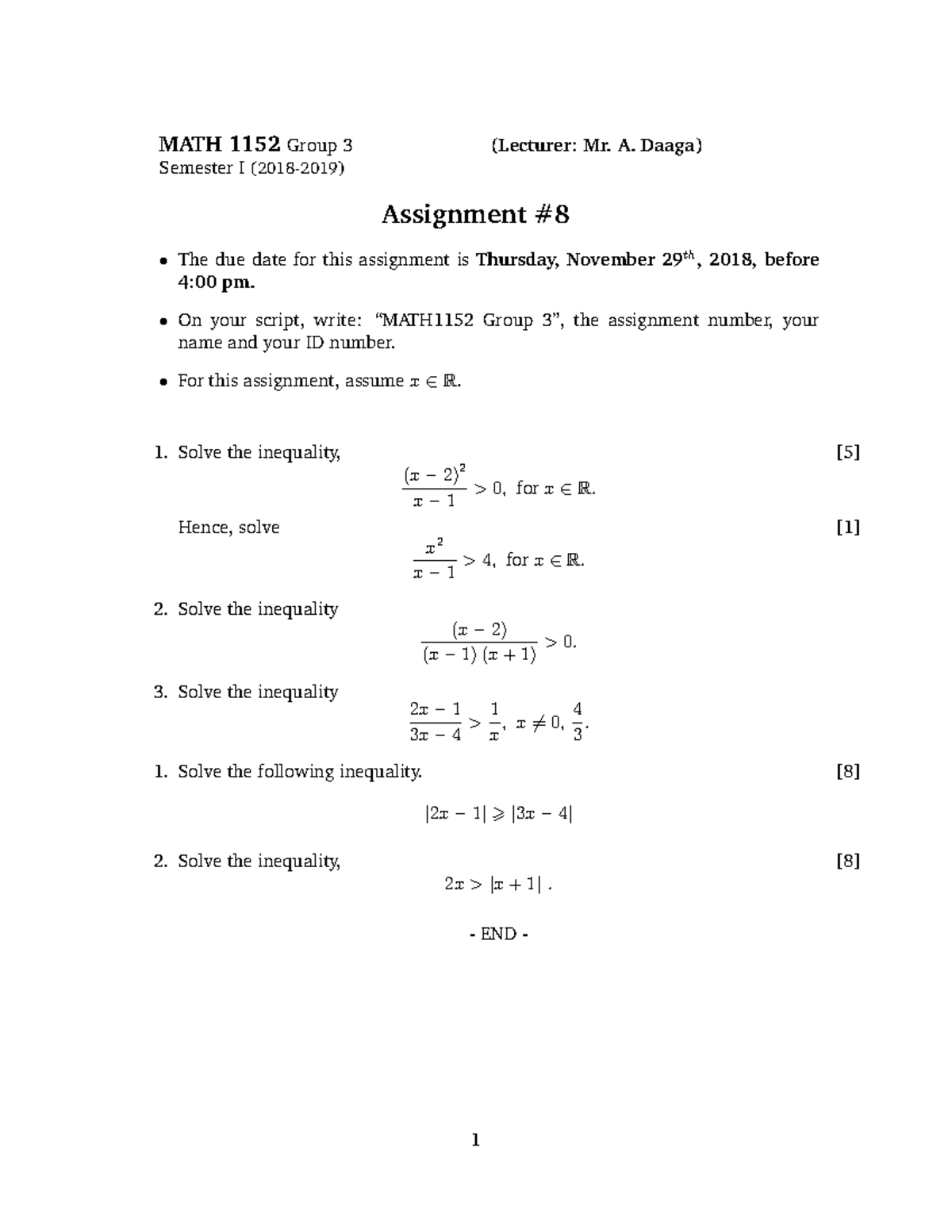 Assignment 8 - paper - MATH 1152 Group 3 (Lecturer: Mr. A. Daaga ...