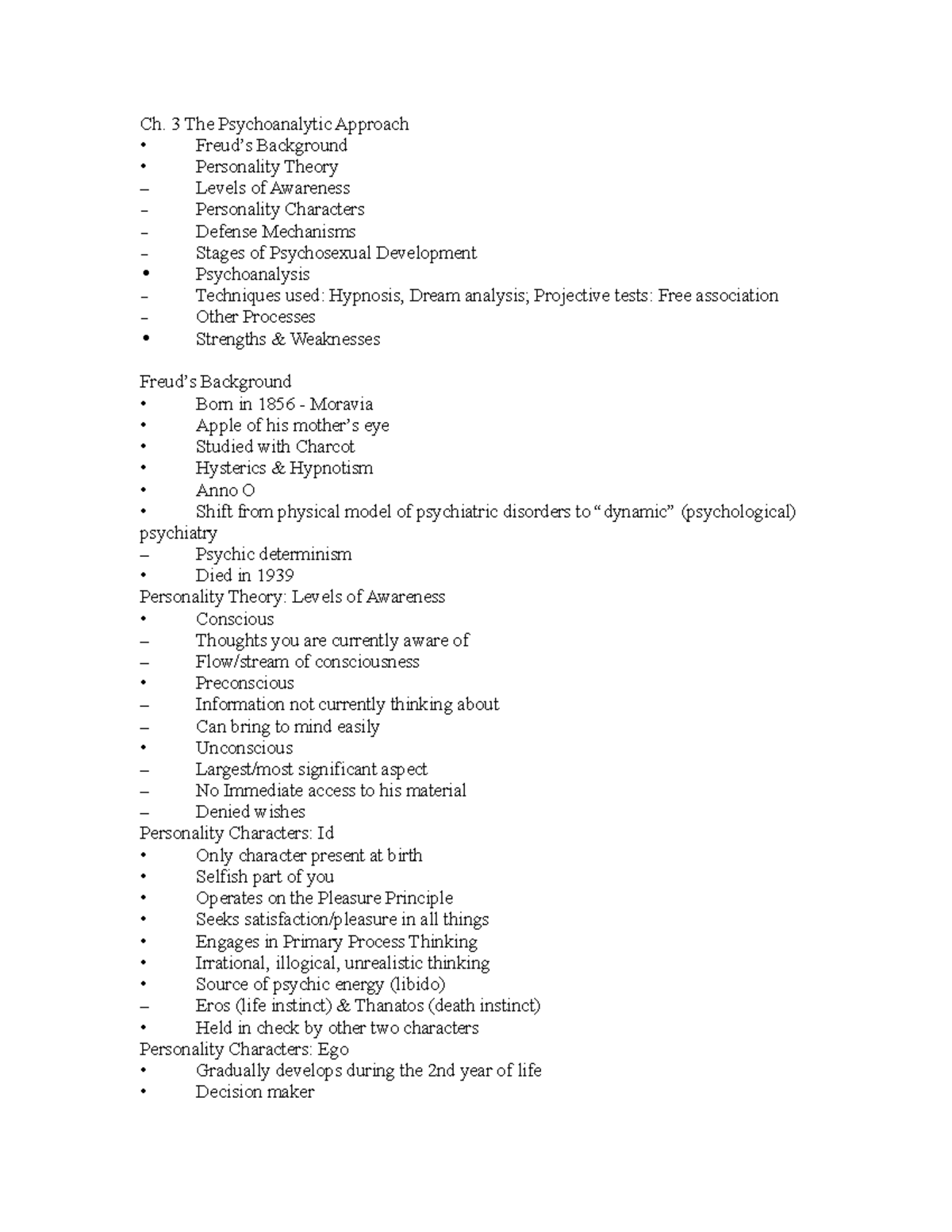 Ch3psychoanalytics - Lecture notes 3 - Ch. 3 The Psychoanalytic ...