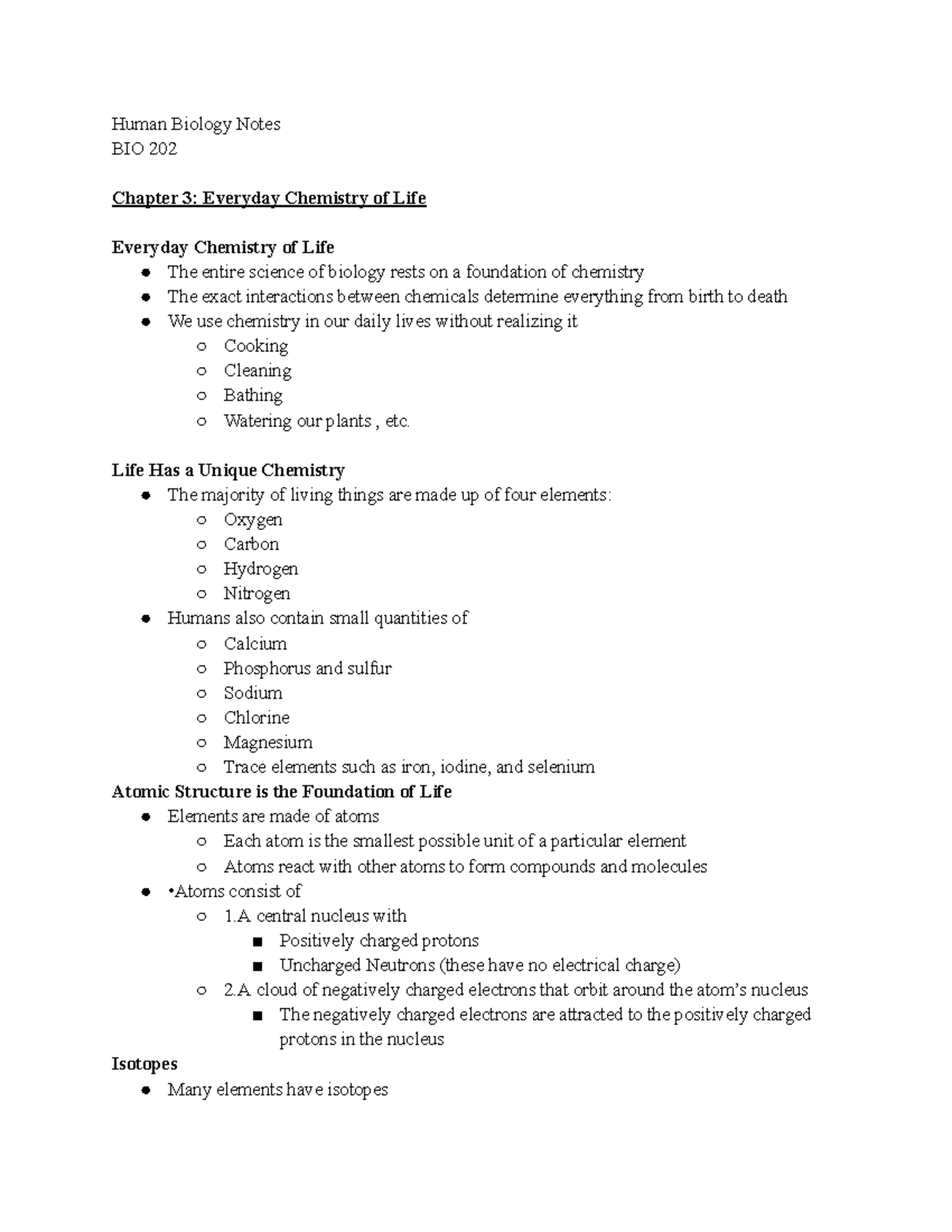 Bio notes 2 - Human Biology Notes BIO 202 Chapter 3: Everyday Chemistry ...