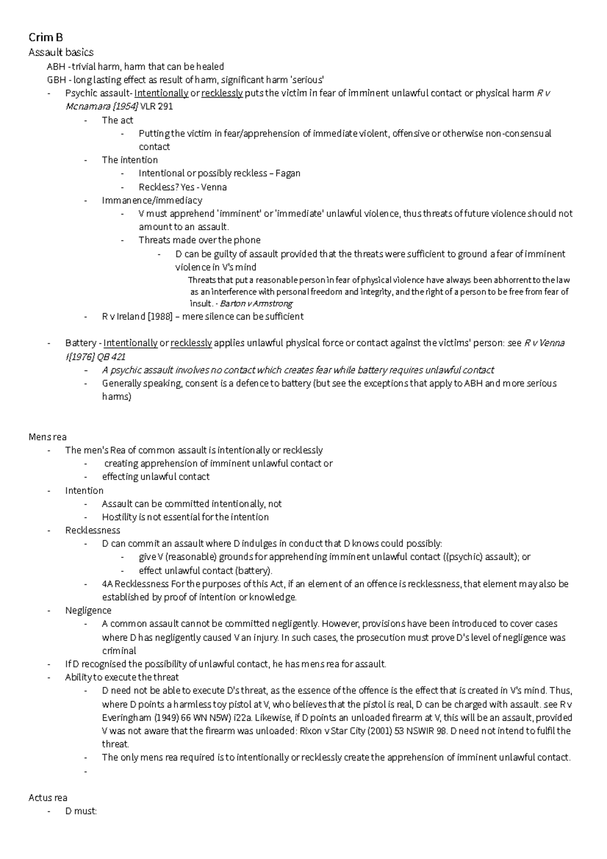 Crim B Notes - Crim B Assault Basics ABH - Trivial Harm, Harm That Can ...