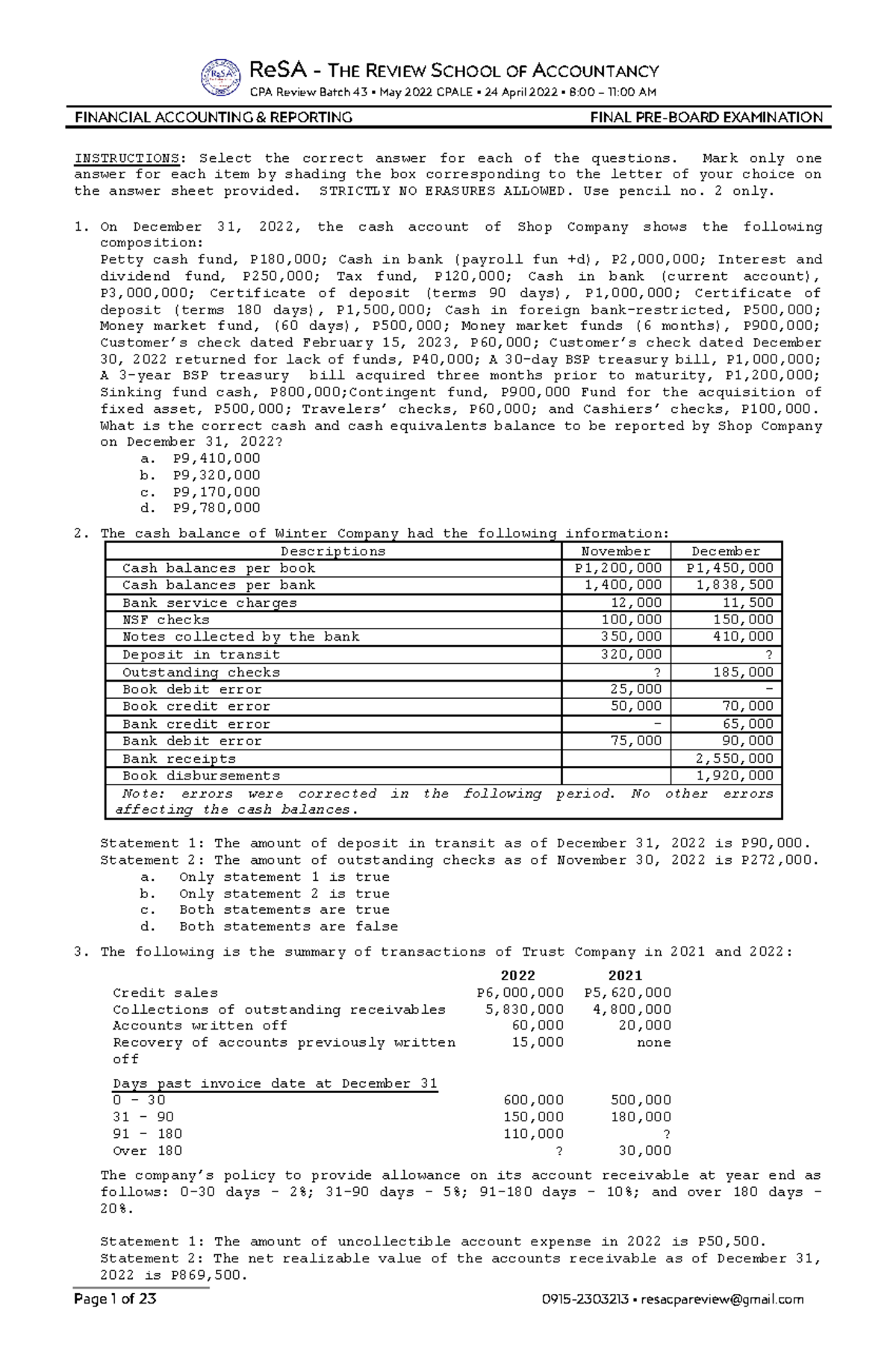 Re SA B43 FAR Final PB Exam - Questions, Answers Solutions - ReSA - THE ...