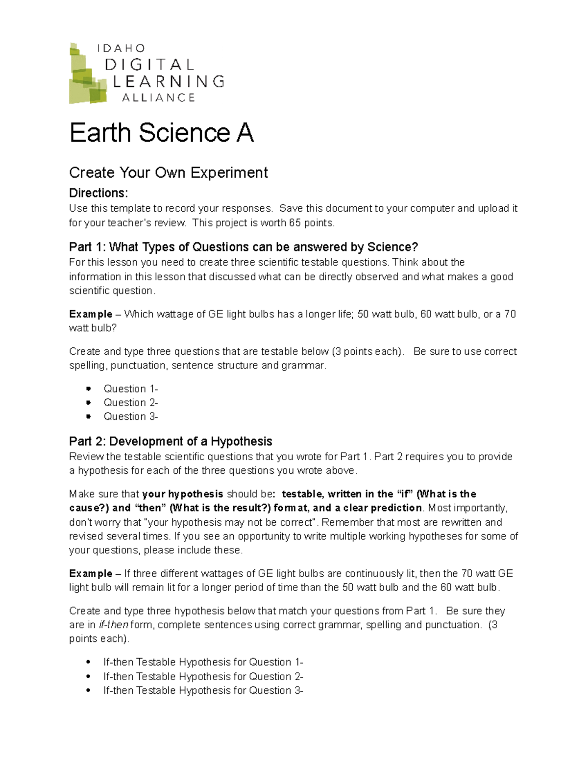 Create Your Own Experiment Project Information - Earth Science A Create ...