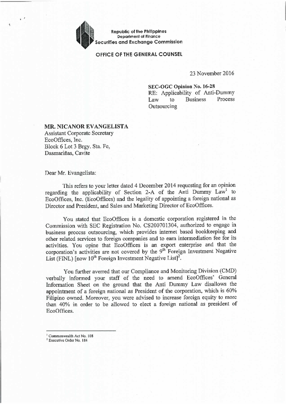 Applicability of AntiDummy Law to Business Process Outsourcing