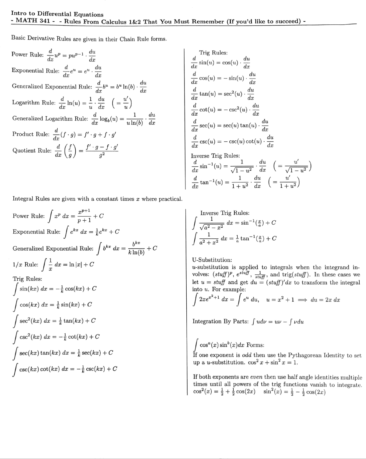 Math 341 formulas - MATH 341 - Studocu