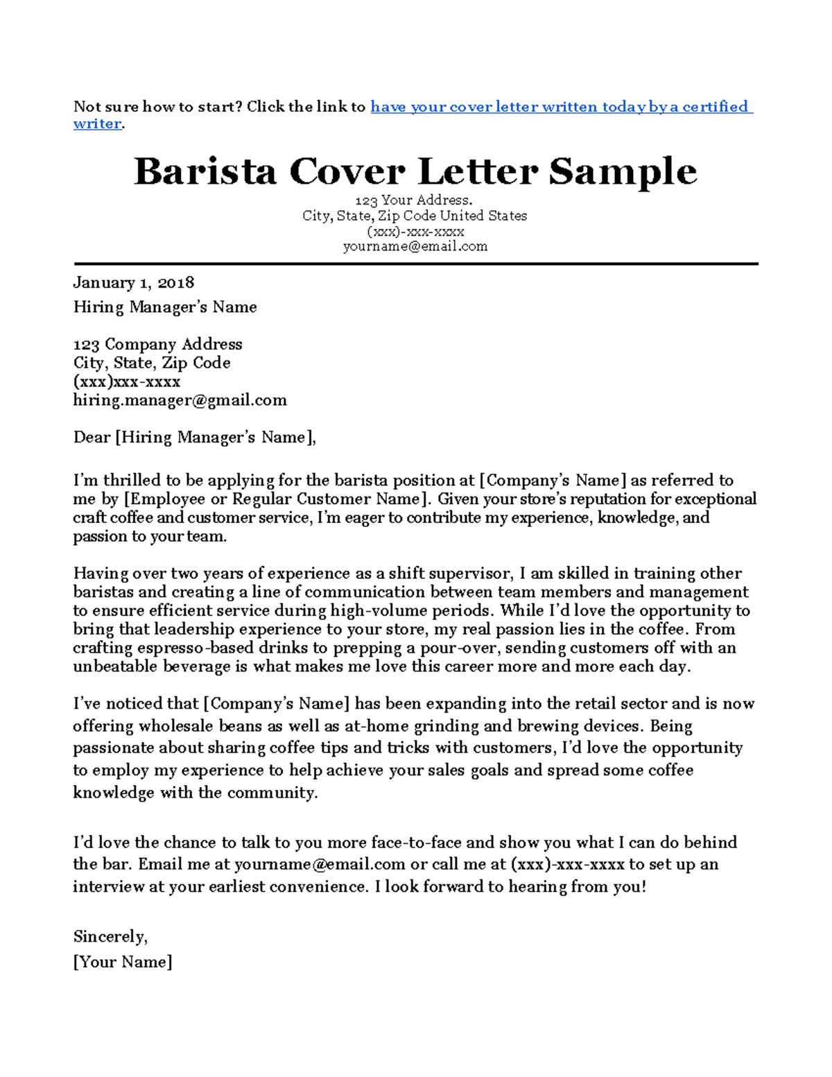 Barista cover letter sample MSWord download - Not sure how to start ...