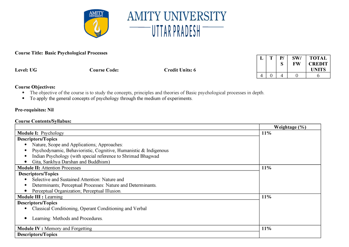 Psychology - Syllabus - Course Title: Basic Psychological Processes ...