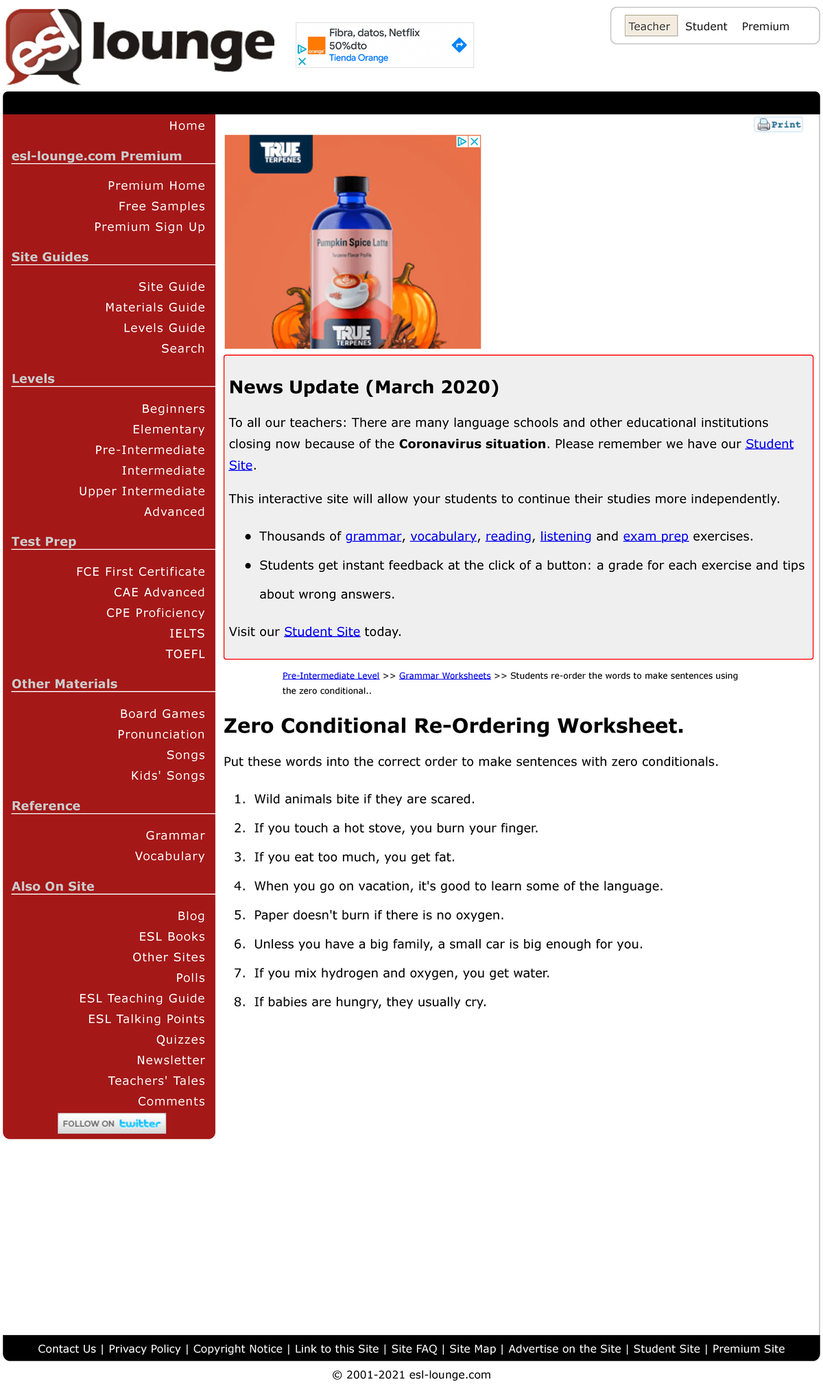 Pre-Intermediate Level Zero Conditional Re-Ordering Worksheet. Answer ...