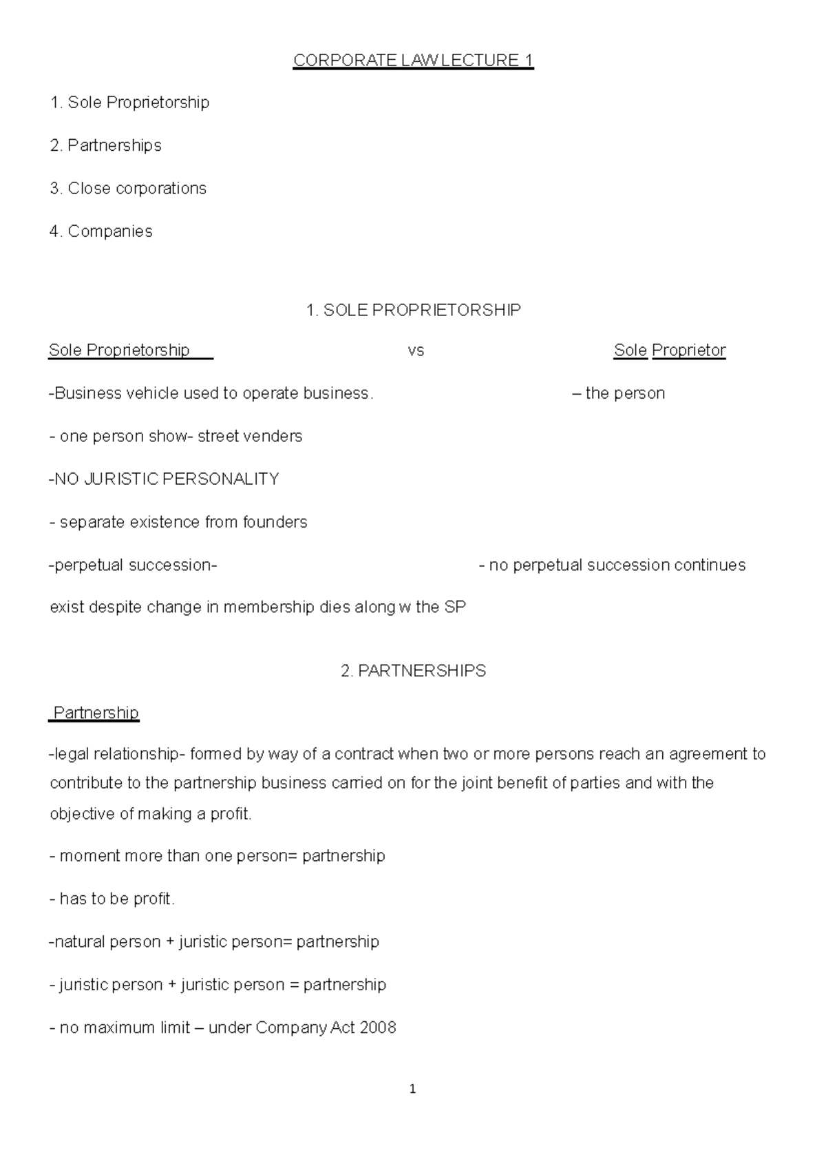 Corporate LAW Lecture Notes copy - CORPORATE LAW LECTURE 1 Sole ...