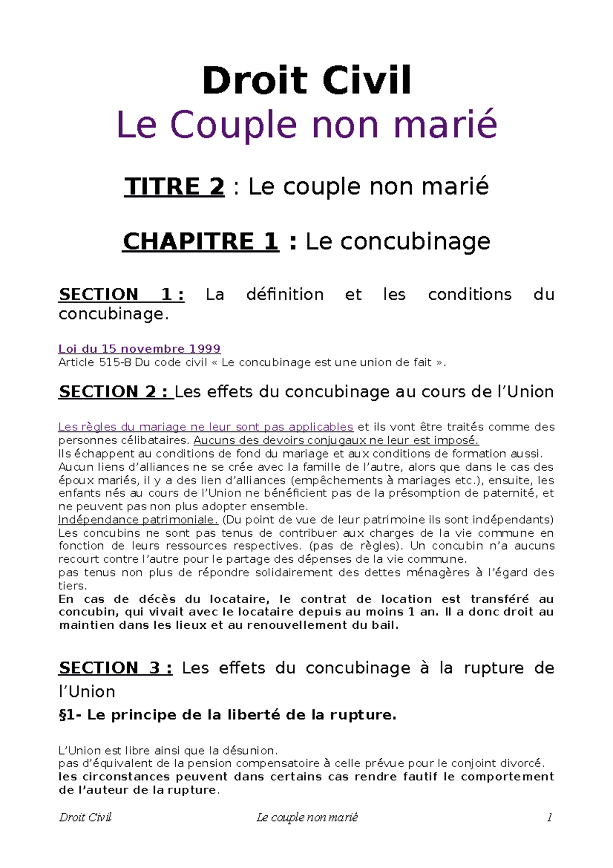 Le couple non marié Résumé du cours de droit civil de la famille de la 1ère année de droit Le couple non marié Résumé du cours de droit civil de la famille de la 1ère année de droit