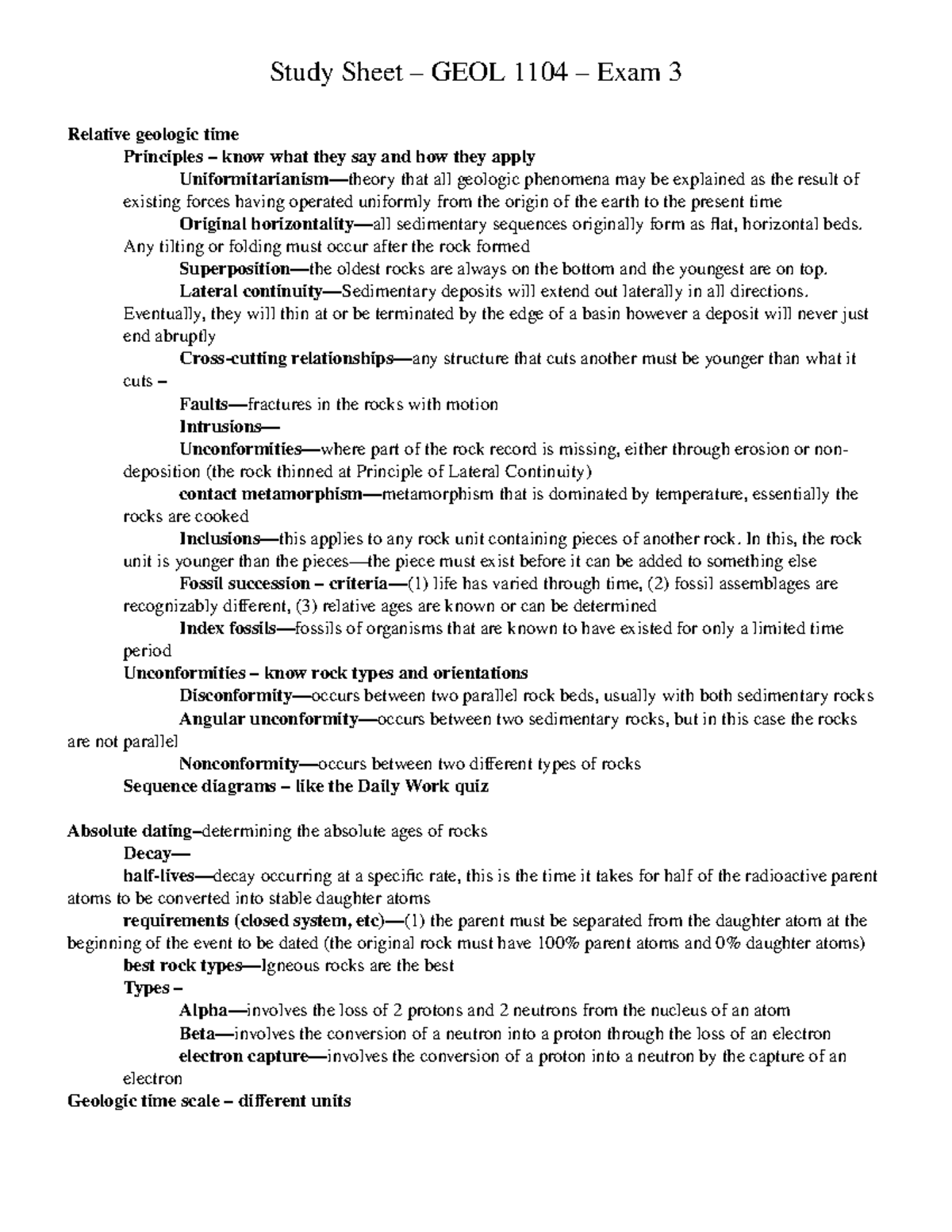 Study sheet exam 3 - Summary Lab-Geol 1114-020 - Study Sheet GEOL 1104 ...