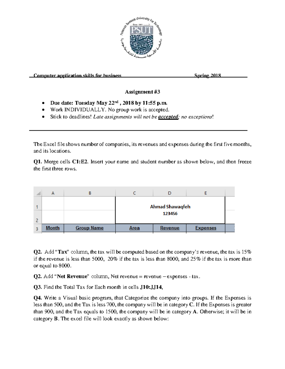 Assignment 3 - n/a - Computer application skills for business Spring ...