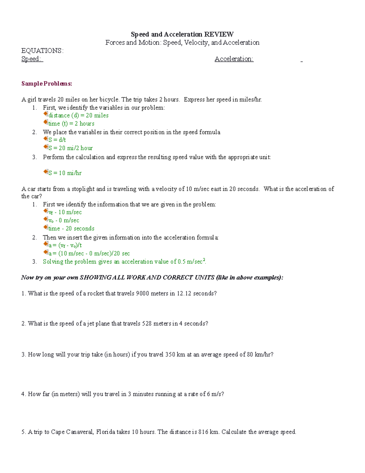Speed and acceleration review ws Speed and Acceleration REVIEW Forces